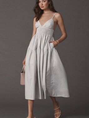 En Saison Striped V-Neck Smocked Midi Dress in Light Gray and White